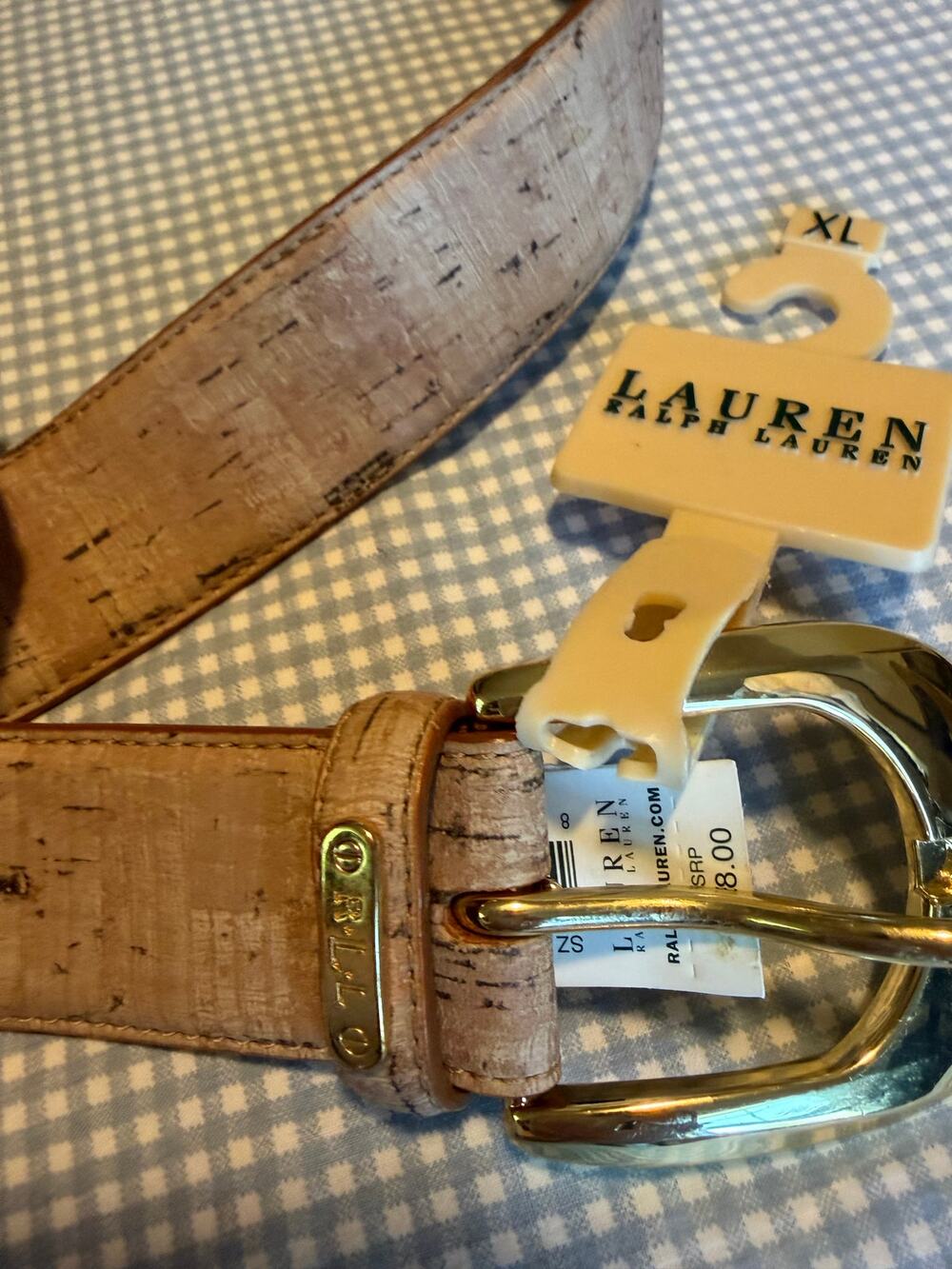 NWT Lauren Ralph Lauren Cork Belt Women's XL Natural Gold Buckle